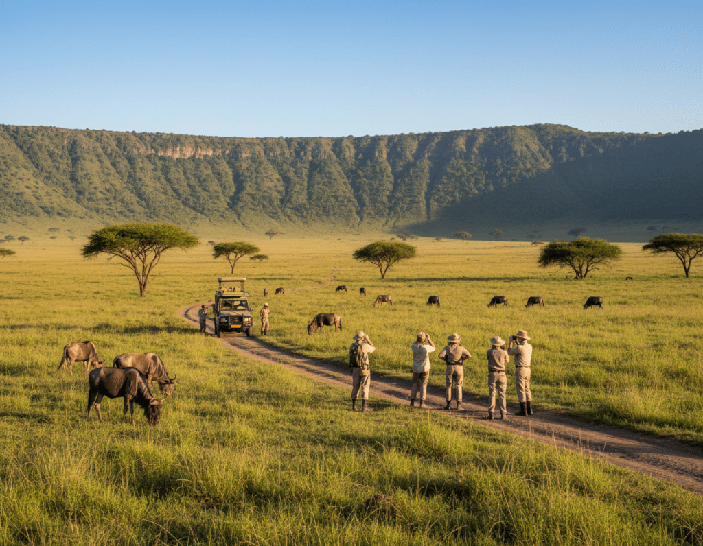 A breathtaking panoramic view of the Ngorongoro Crater, showcasing sustainable tourism and conservation efforts. In the foreground, a lush green landscape dotted with native flora and fauna, including acacia trees and grazing wildebeest. In the middle ground, a small group of tourists in professional outdoor attire observing wildlife through binoculars, engaged in eco-friendly practices. The background features the majestic crater walls rising dramatically against a clear blue sky, with soft, golden sunlight illuminating the scene, creating warm highlights and gentle shadows. The atmosphere is tranquil and inspiring, embodying the harmony between nature and eco-tourism in one of Tanzania's most iconic locations.