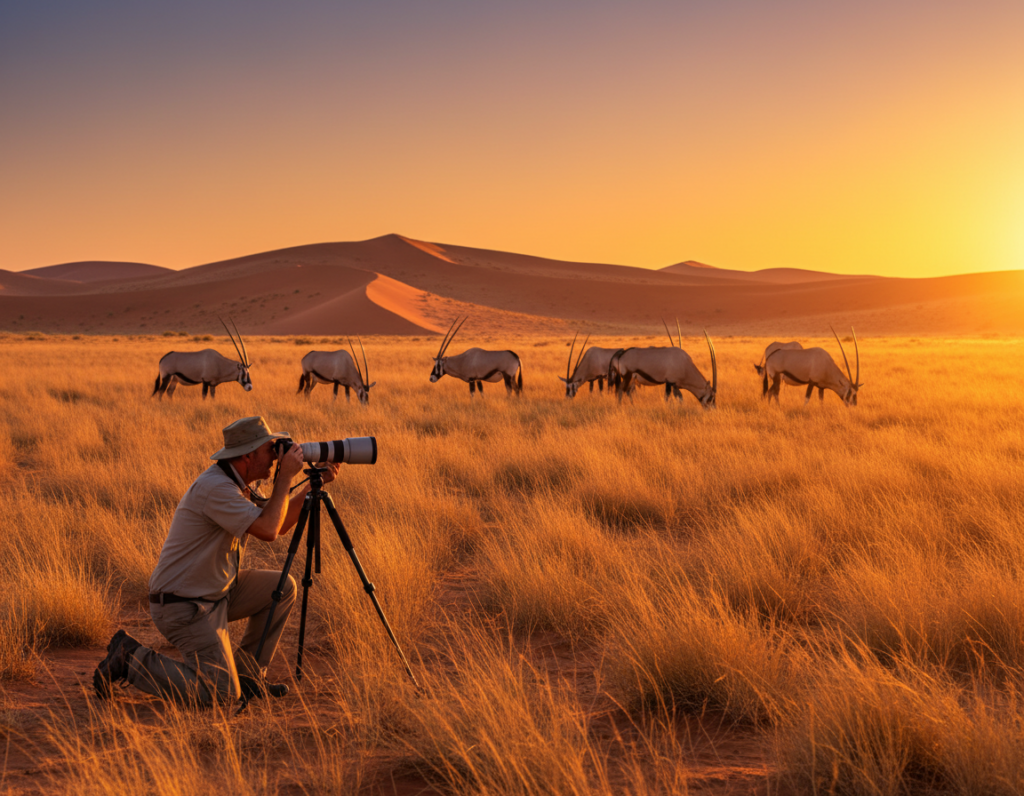 A breathtaking savanna landscape in Kgalagadi National Park, showcasing a golden sunset casting warm hues across the arid terrain. In the foreground, a photographer, dressed in modest safari attire, kneels behind a camera on a tripod, expertly capturing images of the majestic wildlife. A herd of oryx can be seen in the middle ground, grazing peacefully, with the iconic red dunes in the background silhouetted against the vibrant sky. The scene is illuminated by soft, diffused light, emphasizing the textures of the grass and the animals' fur. The atmosphere is tranquil and inspiring, inviting viewers to appreciate the beauty of nature and the art of wildlife photography.