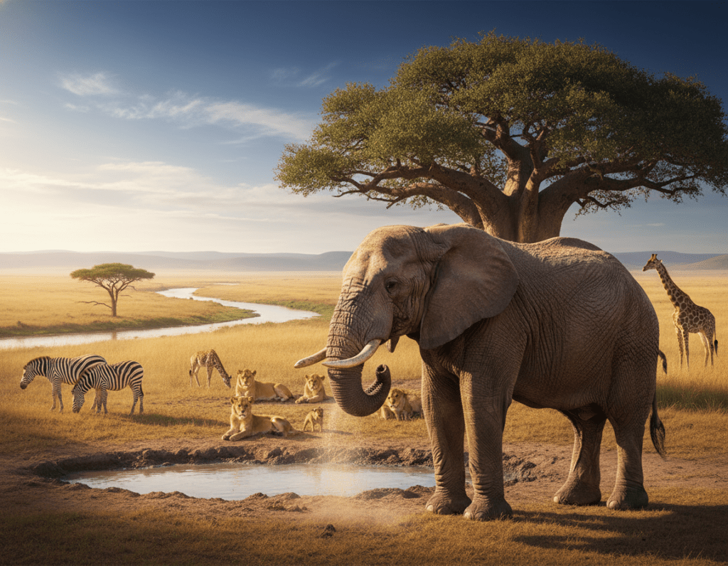 A breathtaking scene capturing the essence of wildlife photography in Africa. In the foreground, a majestic African elephant is depicted, standing gracefully near a watering hole, its textured skin glistening in the golden hour light. The middle ground features a diverse array of animals like a pride of lions resting under a Baobab tree, emphasizing the vibrant ecosystem. The background portrays a panoramic view of the savannah, with rolling hills and a deep blue sky dotted with wispy clouds. Use warm, soft lighting to evoke a tranquil atmosphere. A shallow depth of field highlights the foreground elephant while gently blurring the distant landscape. The image should inspire awe and highlight the art of composition in wildlife photography, showcasing creative perspectives and engaging visual elements without any text or overlays.