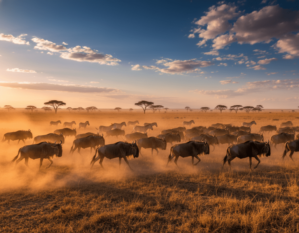 A breathtaking scene depicting the Great Migration of wildebeests (gnus) in the Serengeti. In the foreground, a large herd of wildebeests is shown galloping across the golden savannah grass, kicking up dust as they move with urgency. The middle ground features a few zebras mingling among the wildebeests, adding contrast to the scene. In the background, the iconic acacia trees dot the horizon under a vivid blue sky peppered with fluffy white clouds. The sun is setting, casting a warm golden light that enhances the dramatic atmosphere, highlighting the energy of the migration. The perspective is slightly low, capturing the majestic movement of the animals, evoking a sense of awe at this natural spectacle.