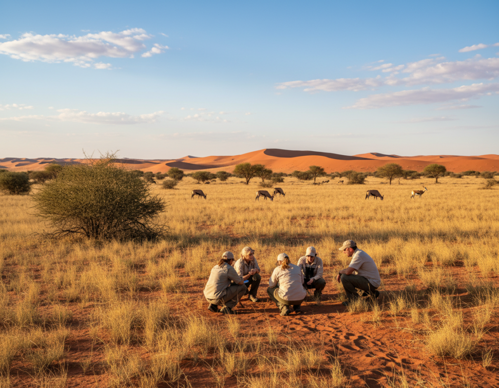 A breathtaking scene of Kgalagadi Transfrontier National Park, showcasing its unique desert landscape. In the foreground, vibrant, sunlit grasslands dotted with acacia trees, where a group of conservationists in modest clothing examines wildlife tracks. The middle ground features majestic red dunes under a bright blue sky, with a few roaming wildlife like gemsbok and springbok, emphasizing the park's biodiversity. In the background, a distant view of the Kalahari's endless horizon, softly illuminated by the golden hues of late afternoon light. Capture the serene yet vibrant atmosphere of sustainable tourism, highlighting the harmony between nature conservation and responsible exploration. Use a wide-angle lens to enhance the expansive landscape, and employ warm lighting to evoke a sense of tranquility and natural beauty.