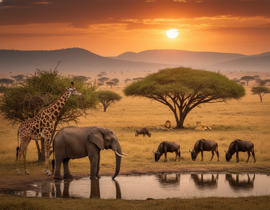A breathtaking scene of a safari in Tsavo West National Park, Kenya, showcasing the rich wildlife. In the foreground, a majestic elephant is calmly drinking from a watering hole, flanked by a gentle giraffe reaching for the acacia trees. In the middle ground, a group of wildebeests grazes, while a pair of lions lounge under the shade of a tree. The background reveals the stunning savannah landscape, dotted with sparse trees and rolling hills under a vibrant sunset sky, casting warm golden hues. The lighting is soft and warm, evoking a tranquil evening atmosphere. Capture the essence of adventure and harmony in nature, emphasizing the beauty and diversity of this wildlife sanctuary, with a wide-angle view to encompass the vastness of the landscape.