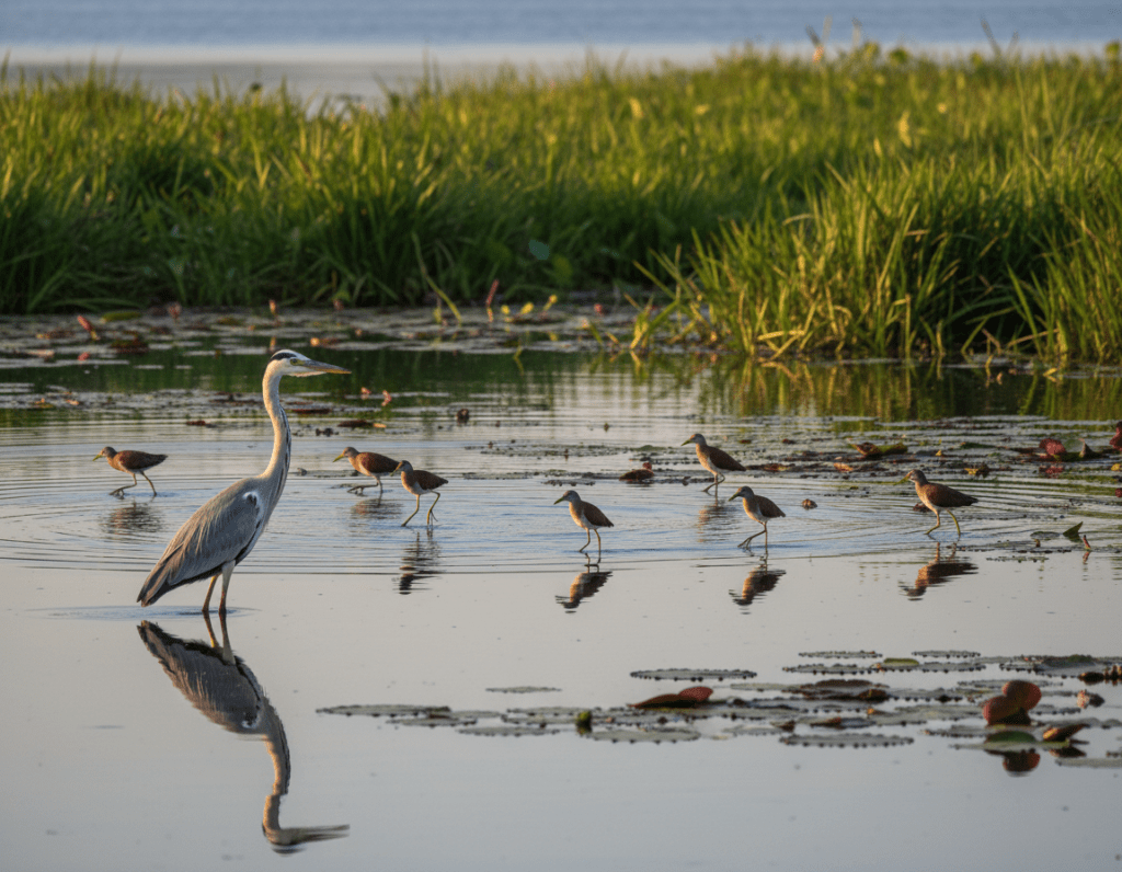 A breathtaking scene of bird photography in African wetlands, showcasing a vibrant diversity of colorful birds in their natural habitat. In the foreground, a graceful heron stands poised by the water's edge, its feathers glistening under soft early morning light. The middle ground features a flock of African jacanas gracefully walking on lily pads, with reflection shimmering in the water. The background reveals lush green reeds and shimmering water, with gentle ripples hinting at life beneath the surface. The atmosphere is tranquil, inviting viewers into this serene setting where wildlife thrives. Use a wide-angle lens to capture the expansive landscape, emphasizing the interplay of light and shadow to enhance depth. Create a vibrant, yet calming color palette that highlights the beauty of the birds and their environment.
