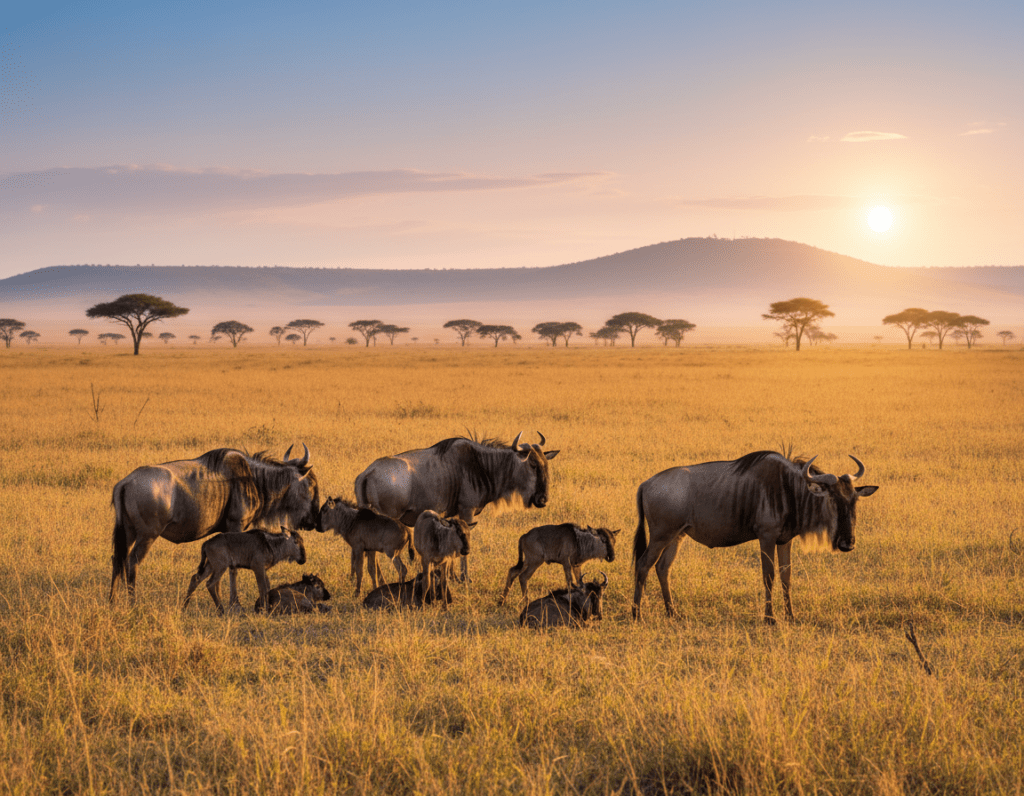 A breathtaking scene of newborn wildebeest calves in the southern Serengeti during the calving season, capturing the essence of wildlife rebirth. In the foreground, several playful calves, their wet, shiny black coats glistening in the soft morning light, are nestled close to their mothers. The mothers, sturdy and watchful, create a protective circle around their young. In the middle ground, a vast expanse of golden grasslands stretches out, dotted with acacia trees. Behind, the sun rises gently over distant hills, casting a warm, golden glow across the landscape. The sky above transitions from soft pinks to clear blues, adding to the peaceful atmosphere. The scene evokes a sense of tranquility and the miracle of life in nature, with sharp details that capture the vibrant colors and textures of this unique ecosystem.