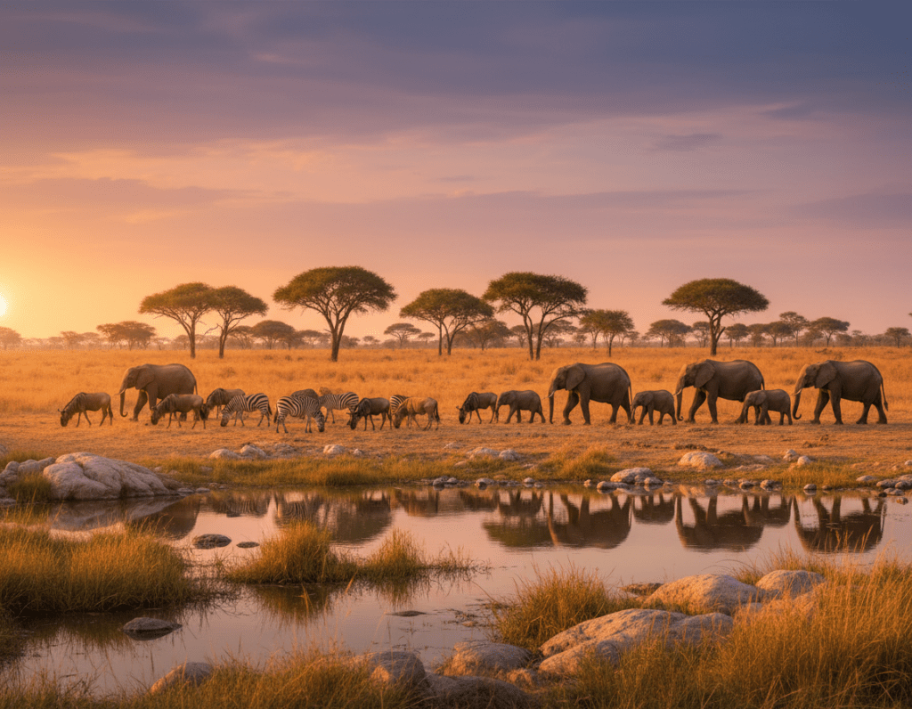 A breathtaking scene of the African savanna at golden hour, capturing a majestic herd of elephants gracefully moving across the landscape. In the foreground, a close-up of a tranquil waterhole reflects the warm hues of the sunset, surrounded by tall grasses and a few scattered rocks. In the middle ground, a diverse group of wildebeests and zebras gather, highlighting the rich biodiversity that makes Africa a haven for wildlife photographers. In the background, a silhouette of acacia trees under a vibrant sky, filled with soft pink and orange tones, adds depth and atmosphere. The lighting is soft and warm, suggesting a peaceful evening, with a focus on the natural beauty and serenity of the scene, emphasizing the essence of wildlife photography in Africa.