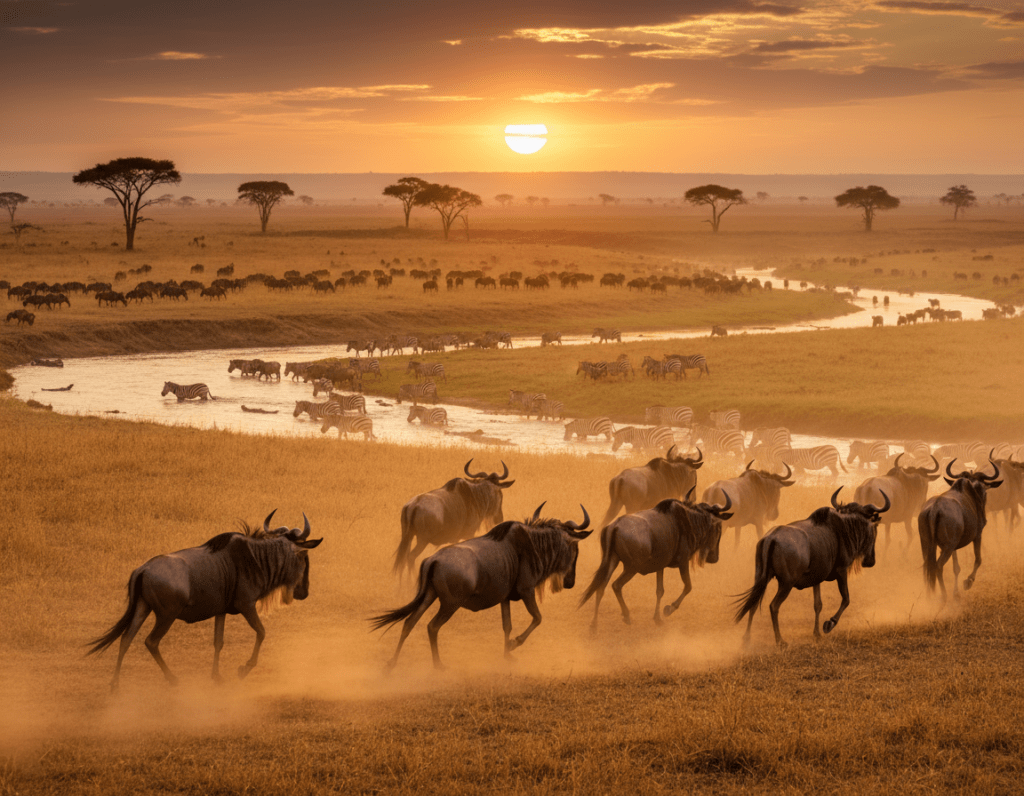 A breathtaking scene of the Great Migration in the Serengeti, featuring a vast herd of wildebeests and zebras moving across the golden savanna grasslands. In the foreground, several wildebeests are captured mid-stride, with dust rising from their hooves, illustrating the urgency of their journey. The middle ground shows a flowing river dotted with a mix of animals, as they navigate the terrain, with acacia trees sparsely scattered in the landscape. In the background, the sun sets, casting a warm golden hue across the sky, filtering through soft clouds, creating a serene yet dynamic atmosphere. The lens offers a slightly elevated perspective, emphasizing the scale of the migration. The image conveys a sense of adventure and natural beauty, inviting the viewer into this magnificent spectacle of wildlife.