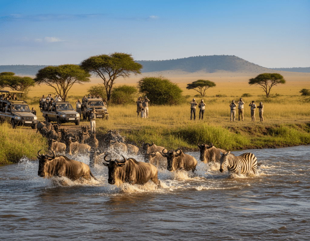 A breathtaking scene of the Mara River crossing in the Serengeti during the peak migration season from August to October. In the foreground, a herd of wildebeest and zebras bravely navigating the turbulent water, splashing droplets capturing the turning sunlight. The middle ground features lush green banks adorned with acacia trees and grasses, while groups of safari vehicles can be seen nearby, with tourists observing the spectacle. In the background, an expansive golden savannah stretches under a clear blue sky, with distant hills adding depth to the landscape. The mood is dynamic and thrilling, reflecting the intensity of wildlife migration, enhanced by warm, natural lighting that casts gentle shadows. Shot from a low angle to emphasize the animals against the vast expanse, creating an immersive experience.