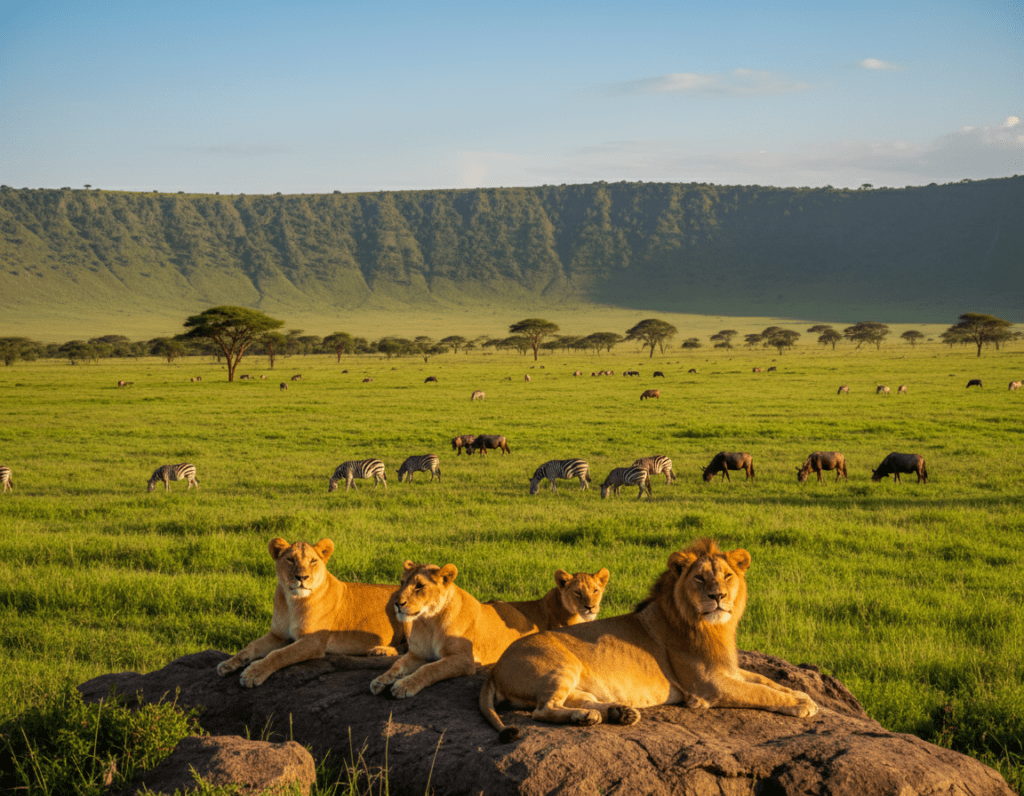A breathtaking scene of wildlife photography in the Ngorongoro Crater, highlighting a close-up view of a pride of lions lounging on a rocky outcrop in the foreground. Behind them, the lush green grasslands dotted with acacia trees stretch across the middle ground, where a diverse array of animals, such as zebras and wildebeests, graze peacefully. The background features the stunning volcanic crater rim under a clear blue sky, with soft, golden sunlight illuminating the landscape, creating a warm and inviting atmosphere. Shot with a 70mm lens to capture vivid details, emphasizing the serene yet dynamic nature of this exquisite ecosystem. The scene conveys tranquility and the thrill of wildlife photography in one of the world’s most iconic settings.