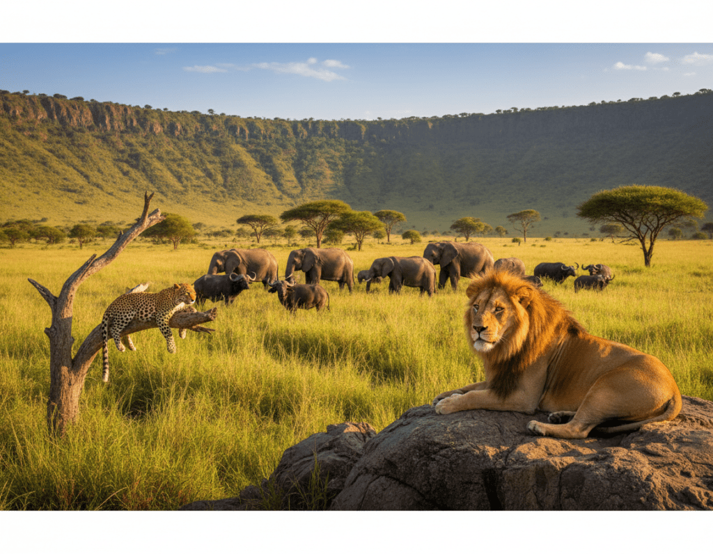A breathtaking view inside the Ngorongoro Crater at golden hour, capturing the essence of an African safari. In the foreground, a majestic lion rests lazily on a rocky outcrop, his mane illuminated by the warm sunlight. In the middle ground, a herd of elephants grazes peacefully, surrounded by green acacia trees and vibrant wild grasses. Nearby, a cluster of alert buffalo stands watch, and a single leopard lounges on a nearby branch. The background reveals the dramatic crater walls, painted in hues of green and brown, with a clear blue sky above. The atmosphere is serene yet wild, evoking a sense of adventure and natural beauty, with soft, diffused lighting enhancing the landscape's richness. The image showcases one of nature's most iconic habitats, encapsulating the magic of the Big Five in their natural environment.