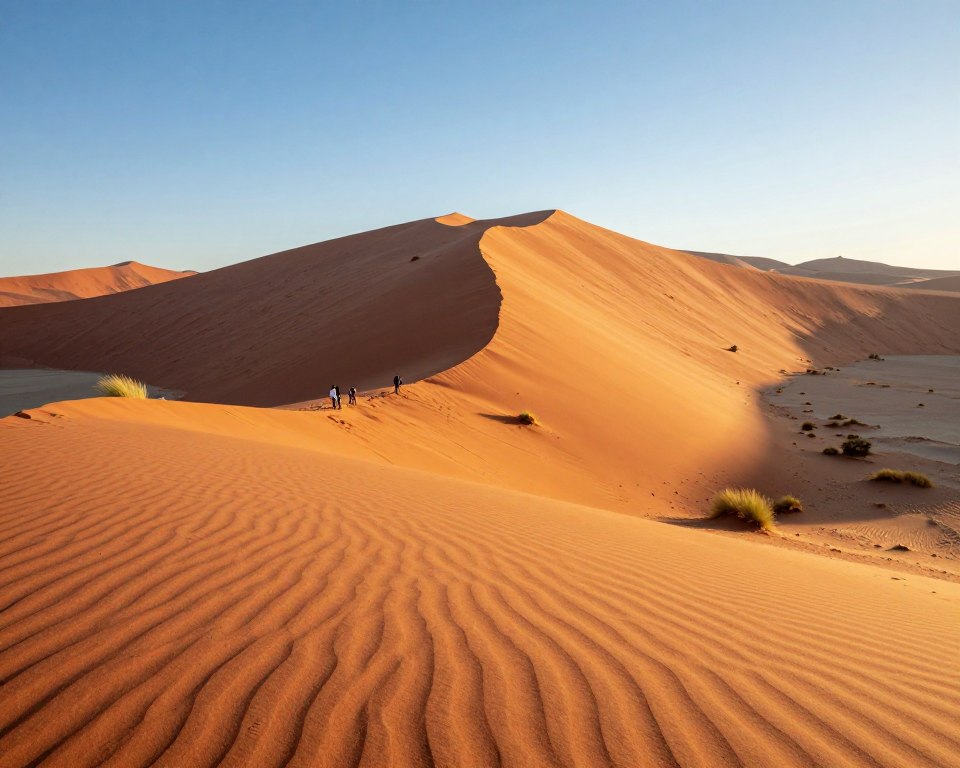 A breathtaking view of Big Daddy, the towering sand dune in Sossusvlei, Namibia, showcasing its dramatic orange and red sands in the late afternoon sun. In the foreground, smooth ripples of wind-sculpted sand create intricate patterns, while a few sparse tufts of grass and hardy desert plants peek through. The middle ground features climbers scaling the steep slopes of the dune, capturing the scale and challenge it presents. The background reveals the expansive, stark landscape of the Namib Desert, with mountains fading into a clear, azure sky. Soft golden light casts long shadows, enhancing the contours of the dune, evoking a serene and awe-inspiring atmosphere. The image is framed using a wide-angle lens to emphasize the grandeur of this Natural Wonder.