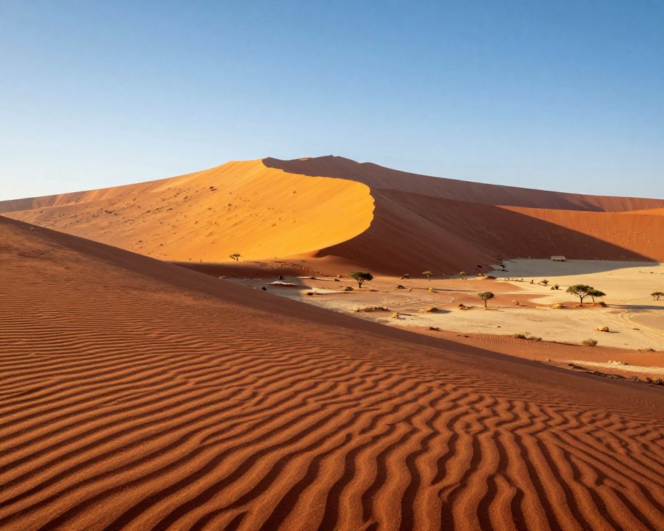 A breathtaking view of San Volk, the iconic sand dune located in the Namib Desert, rising majestically against a clear blue sky. In the foreground, fine, rippled sands glisten under the warm sunlight, reflecting earthy tones of orange and red. In the middle ground, the towering dune of San Volk dominates the landscape, its slopes showcasing deep shadows and vibrant hues transitioning from golden yellow to rich terracotta. In the background, a vast expanse of arid desert stretches to the horizon, dotted with sparse acacia trees, capturing the stark beauty of the environment. The scene is bathed in golden hour lighting, creating a warm, inviting atmosphere. The overall mood is serene yet awe-inspiring, evoking the deep cultural significance this landscape holds for the indigenous people of Africa.
