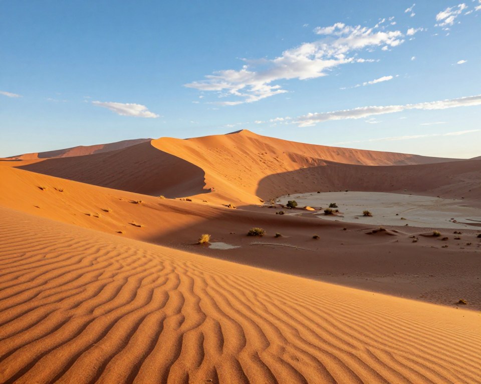 A breathtaking view of Sossusvlei, Namibia during the best travel season, highlighting Big Daddy, the world's tallest sand dune. In the foreground, golden sand ripples catch the early morning light, casting soft shadows. The middle ground showcases the towering red-orange dune, its sharp ridges illuminated by the rising sun, while sparse vegetation adds contrast against the vivid sands. In the background, a clear blue sky enhances the vastness, punctuated by wispy clouds. The atmosphere is serene and inviting, with a warm palette that evokes the beauty of the Namib Desert. Capture this scene with a wide-angle lens to emphasize the dune’s grandeur, focusing on the interplay of light and texture.