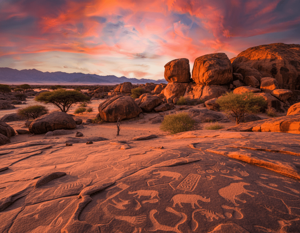 A breathtaking view of Twyfelfontein, Namibia, during the golden hour, showcasing its unique rock engravings and stunning desert landscape. In the foreground, intricately detailed ancient petroglyphs carved into smooth stones, reflecting the rich cultural heritage of the area. The middle ground features rugged, reddish-brown boulders and striking sandstone formations that rise dramatically against the horizon. In the background, a vibrant sunset casts warm hues of orange and purple across the sky, illuminating the scattered acacia trees and distant mountains. Soft, diffused lighting enhances the natural colors and textures, creating an inviting atmosphere. A wide-angle perspective captures the vastness of the landscape, inviting viewers to experience the beauty of this UNESCO World Heritage Site during the best travel time.