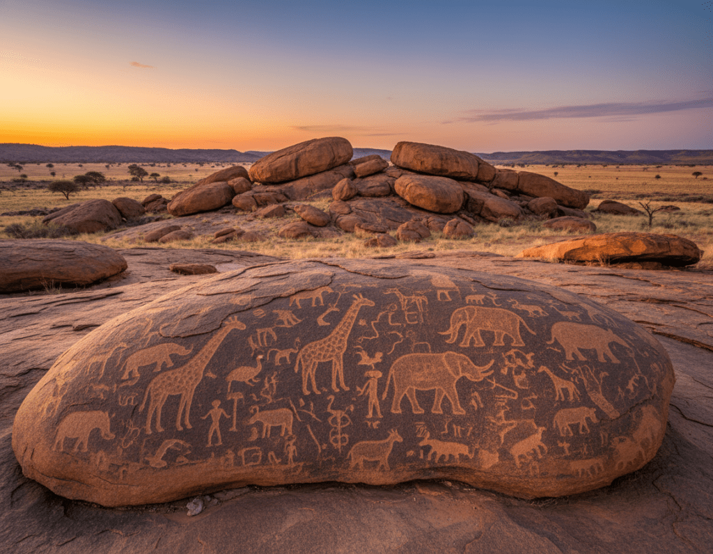 A breathtaking view of Twyfelfontein, showcasing the stunning rock engravings and ancient petroglyphs that embody its UNESCO World Heritage status. In the foreground, a clear, weathered rock surface with intricate carvings of animals and human figures, symbolizing the rich cultural history. The middle ground features a cluster of large, flat-topped sandstone boulders, bathed in warm, golden light from a sunset that enhances the textures of the stones. In the background, the vast Namibian landscape stretches out, with gently rolling hills and a vivid sky transitioning from orange to deep blue. The scene exudes a sense of wonder and reverence, inviting exploration and reflection on the significance of this archaeological site. Use a wide-angle lens to capture the expansive atmosphere, and ensure the lighting highlights the engravings beautifully.