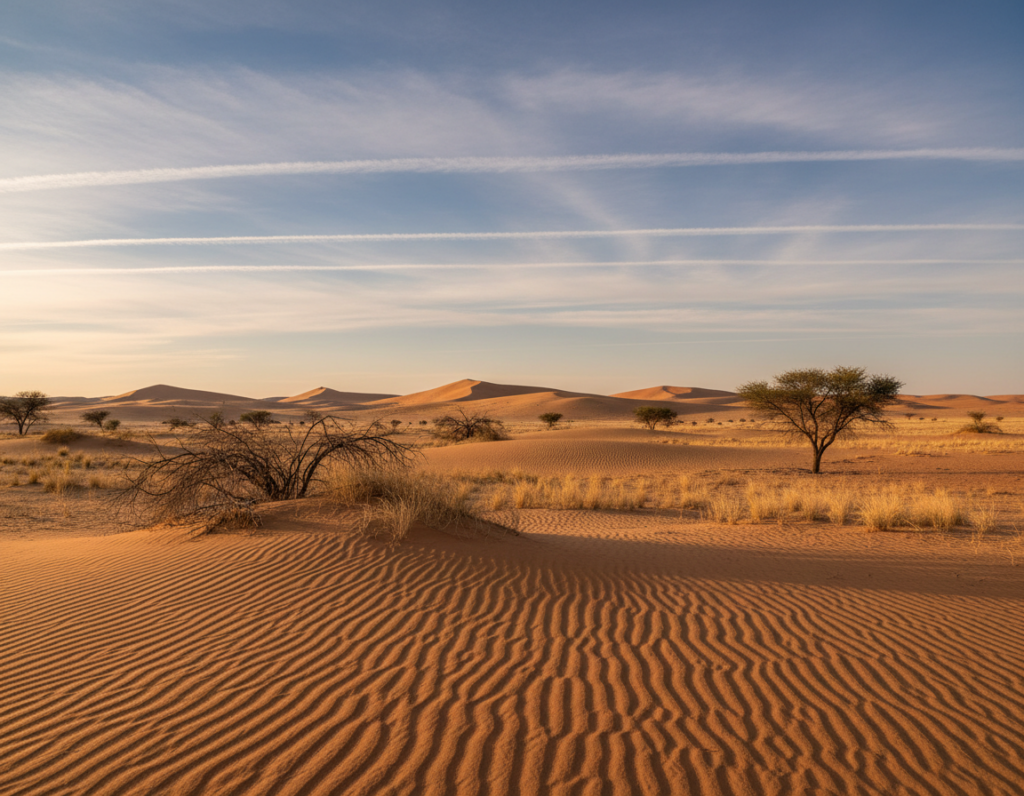 A breathtaking view of the Kalahari Desert landscape, capturing the vast expanse of golden sand dunes, scattered acacia trees, and the stark beauty of dry scrub vegetation. In the foreground, a few textured sand ripples create a sense of depth, while the middle ground features a cluster of resilient plants standing resiliently against the elements. The background reveals distant, gently rolling dunes under a brilliant blue sky, with wispy clouds streaking across. The scene is bathed in warm, golden light of the late afternoon sun, casting soft shadows and enhancing the earthy tones. This tranquil yet stark landscape evokes a sense of isolation and the raw beauty of nature, perfect for highlighting the unique geography of the Kgalagadi Transfrontier National Park.