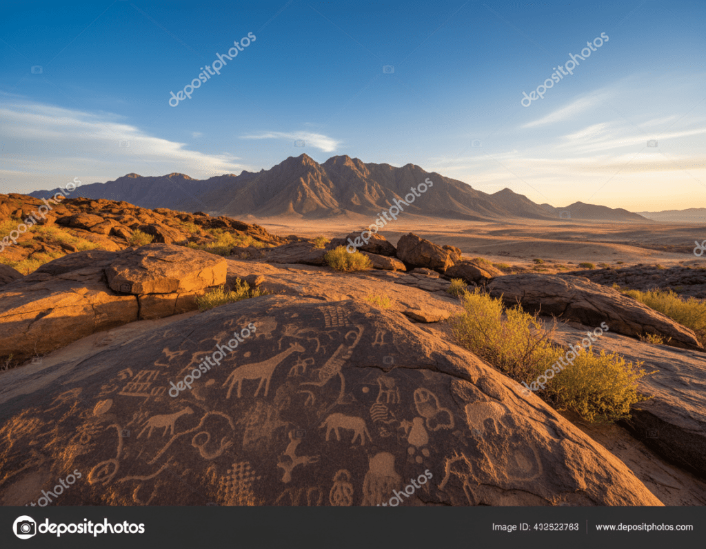 A breathtaking view of the Namibian landscape, specifically showcasing the rugged beauty of Twyfelfontein in the northwestern region. In the foreground, vibrant ochre rocks and ancient petroglyphs etched into the stone, with delicate desert flora accentuating the harsh environment. The middle ground features the dramatic backdrop of the Brandberg Mountain, crowned by a clear blue sky, softly illuminated by golden sunset light, casting warm hues across the terrain. The background offers rolling hills and arid plains, hinting at the vastness of the Namibian desert. Capture the serene and majestic atmosphere, evoking a sense of exploration and cultural heritage. The image should have a wide-angle view to emphasize the scale of the landscape, with soft, natural lighting to create an inviting feel.