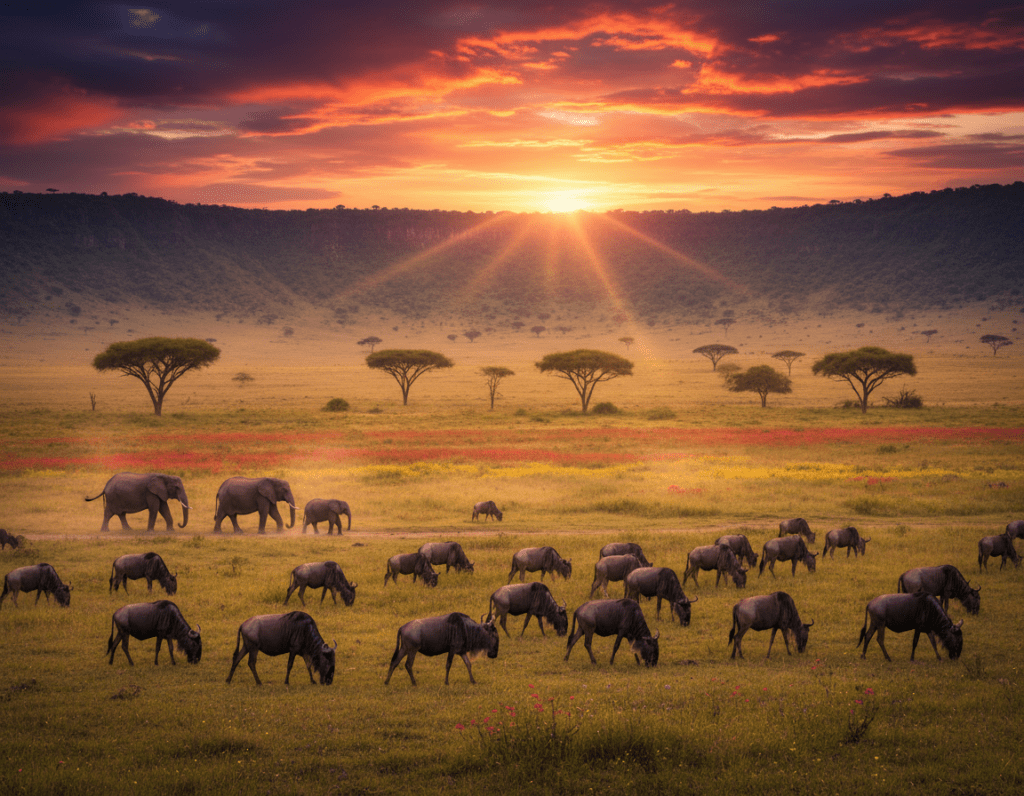 A breathtaking view of the Ngorongoro Crater during a vibrant sunset, showcasing the rich biodiversity of Tanzania. In the foreground, a graceful herd of wildebeests grazes peacefully, while a few elephants roam nearby. The middle ground reveals lush savannah grasslands with acacia trees and vibrant wildflowers. In the background, the crater's steep, verdant walls rise majestically under a dramatic sky painted with shades of orange, pink, and deep blue. Sunlight casts warm golden tones across the landscape, creating a serene and inviting atmosphere. The camera angle is slightly elevated, capturing the expansive view of the crater, emphasizing its grandeur. The overall mood conveys adventure and tranquility, ideal for inspiring travelers seeking safari tips.
