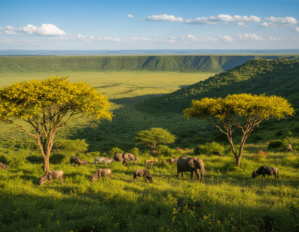 A breathtaking view of the Ngorongoro Crater during the best travel season, showcasing its lush, green landscape and diverse wildlife. In the foreground, vibrant acacia trees frame the scene, with wildebeest and elephants grazing peacefully. The middle ground features the steeper slopes of the crater, dotted with various animals and patches of wildflowers, reflecting the rejuvenating beauty of nature. The background reveals the expansive crater floor under a bright blue sky with scattered clouds, illuminated by warm, golden sunlight, suggesting a serene and inviting atmosphere. The angle captures the depth of the crater and the vibrant colors of the vegetation, evoking a sense of wonder and adventure.