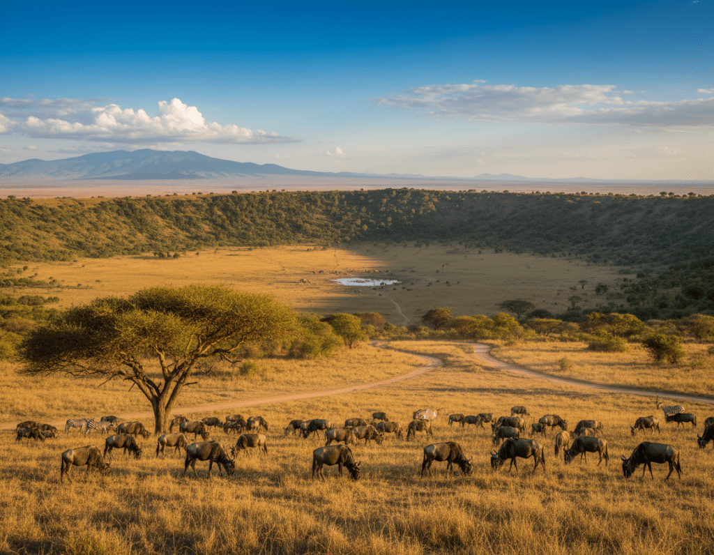 A breathtaking view of the Safari Route through Tanzania's National Parks, showcasing the stunning landscapes of the Ngorongoro Crater. In the foreground, a vibrant acacia tree stands tall against the savannah, while a herd of wildebeests grazes nearby, embodying the wildlife of the region. The middle ground features the iconic rim of the Ngorongoro Crater, with lush greenery and a diverse array of animals visible. In the background, the expansive azure sky spreads wide, dotted with fluffy clouds hanging over distant mountains. The lighting is soft and warm, typical of a late afternoon sun, casting gentle shadows and enhancing the rich colors of the landscape. The mood conveys tranquility and the enchanting beauty of Tanzania's natural wonder, inviting exploration and adventure.