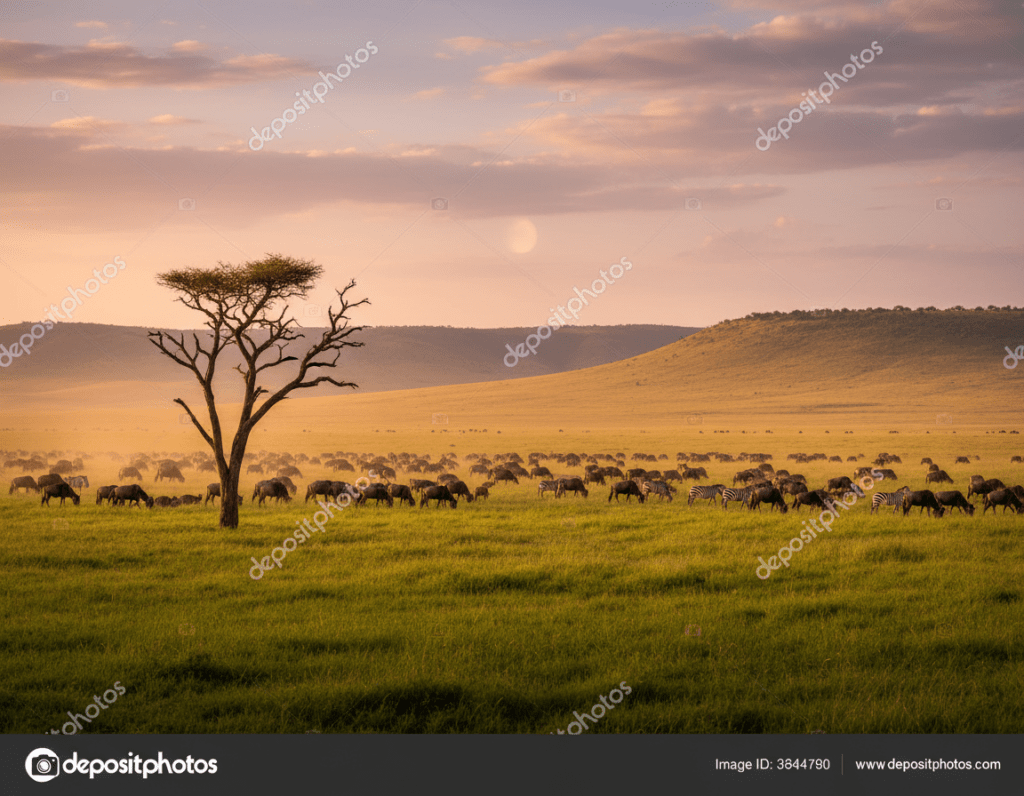 A breathtaking view of the Serengeti landscape, highlighting seasonal photographic moments throughout the year. In the foreground, a vibrant acacia tree stands tall, its silhouette accentuated by the golden hues of a sunset. In the middle ground, a herd of wildebeests grazes gently on the lush green grass, with a few zebras mingling among them, showcasing the rich biodiversity. In the background, rolling hills stretch towards a vivid sky filled with soft, wispy clouds reflecting the warm light of dusk. The atmosphere is serene and tranquil, capturing the essence of the Serengeti’s beauty across different seasons. The image is composed with a wide-angle lens to emphasize the vastness of the landscape, with natural lighting creating an enchanting golden hour effect.