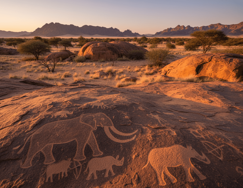 A breathtaking view of the Twyfelfontein rock engravings in Namibia, capturing ancient rock art depicting wildlife and human figures. In the foreground, intricately carved petroglyphs are visible, showcasing animals like elephants and rhinoceroses, set against a reddish-brown rocky surface. The middle ground features sparse desert vegetation and unique rock formations illuminated by the warm glow of a setting sun, casting long shadows. In the background, the vast Namibian landscape stretches out, with dramatic mountains under a soft pastel sky. The atmosphere is serene and reflective, evoking a deep connection to the history and culture of the indigenous people. The image should have a warm color palette, with a focus on natural lighting to enhance the textures of the rock formations.