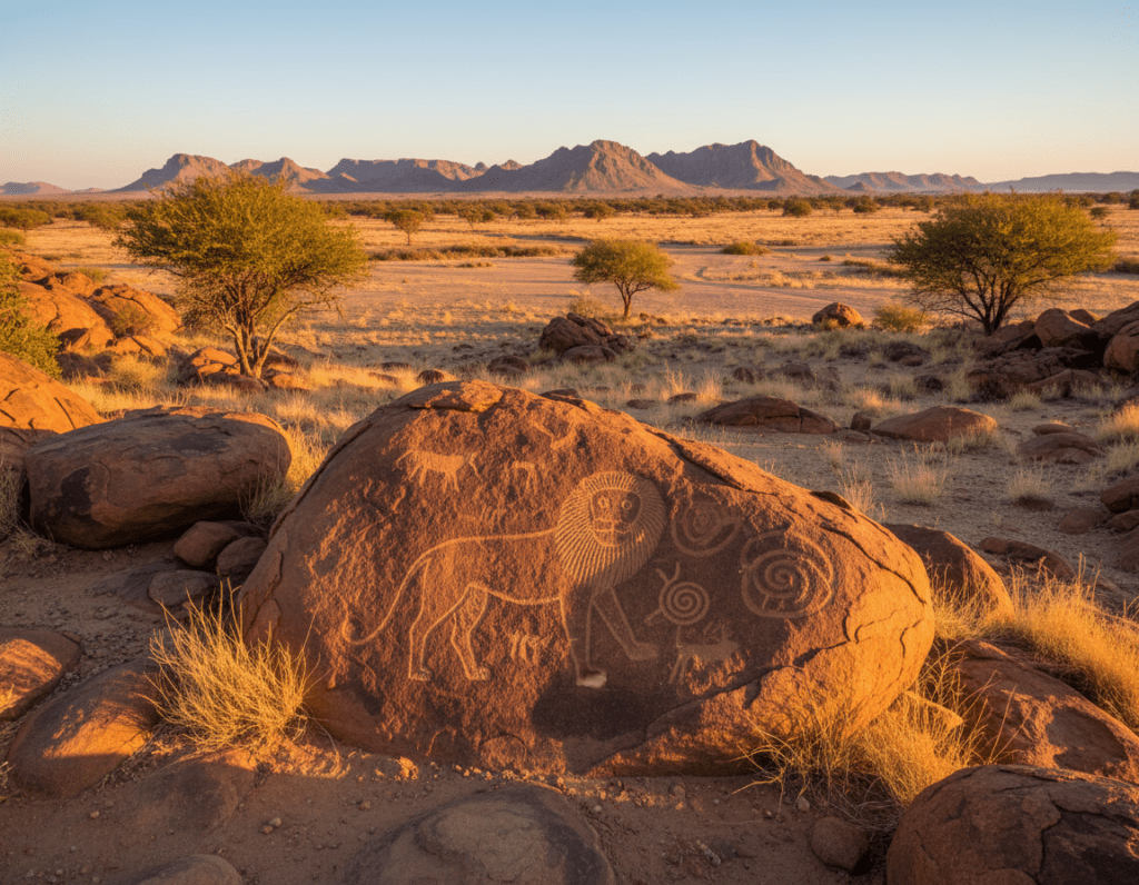A captivating depiction of the Löwenmann engraving at Twyfelfontein, set against a rugged Namibian landscape. In the foreground, the iconic Löwenmann rock art stands prominently, graced with intricate carvings of a lion-man figure, showcasing its historical significance. The middle ground features scattered boulders and desert vegetation, reflecting the arid beauty of the region. In the background, vast plains and distant hills under a clear, blue sky complete the scene. Utilize warm lighting during the golden hour to enhance the textures of the rock surfaces, casting soft shadows that emphasize the carvings. The atmosphere should evoke a sense of wonder and exploration, inviting viewers to appreciate this UNESCO World Heritage site in its natural rugged beauty and cultural importance.
