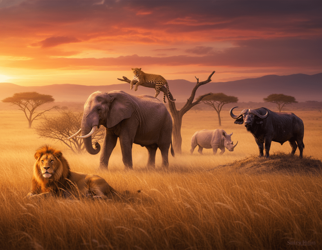 A captivating scene showcasing the Big Five wildlife of Africa: a majestic lion resting under the golden light of a sunset, a powerful African elephant grazing in the distance, a sleek leopard lounging on a tree branch, a formidable buffalo standing proudly, and a graceful rhinoceros wandering peacefully. In the foreground, lush savanna grass sways gently, while the middle ground is filled with acacia trees and a soft, warm light illuminating the animals. The background features a hazy horizon against a vibrant, colorful sky. The atmosphere is serene and awe-inspiring, captured with a wide-angle lens to enhance the grandeur of the landscape. The overall composition evokes a sense of adventure and admiration for Africa's rich biodiversity.