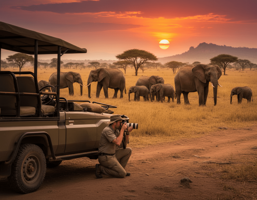 A clear view of a safari vehicle parked in an African landscape, with a focus on wildlife photography. In the foreground, a professional photographer in modest casual clothing is capturing images, wielding a DSLR camera with a long lens, kneeling beside the vehicle for stability. In the middle ground, a majestic herd of elephants grazes peacefully, emphasizing the importance of using a stable platform for photography. In the background, expansive savannah grasslands stretch towards a vibrant sunset, casting warm golden light across the scene. The atmosphere is tranquil yet exhilarating, capturing the essence of safari wildlife photography. Use soft, natural lighting to highlight the deep colors of the landscape and the animals, ensuring the image conveys a sense of adventure and respect for nature.
