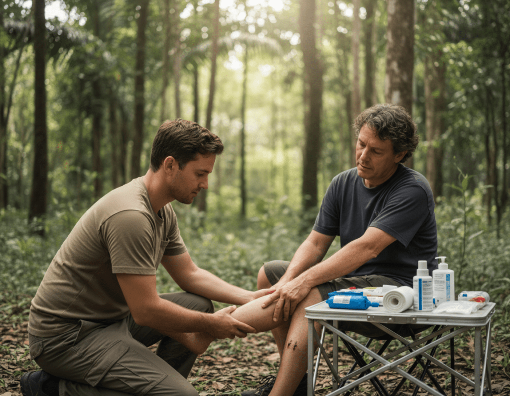 A clinical scene depicting first aid measures for a snake bite. In the foreground, a medical professional in modest casual clothing is shown carefully examining a person's leg, where a snake bite is visible. The individual appears concerned but calm, focusing on the instructions given. In the middle ground, first aid supplies like bandages and an ice pack are organized neatly on a table. The background features a serene nature setting, suggesting the incident occurred outdoors, surrounded by lush greenery. Soft, filtered sunlight cascades through the leaves, creating a tranquil atmosphere while emphasizing the urgency of the situation. The scene captures a balance of clarity and professionalism, aiming to inform and educate about prompt snake bite response.