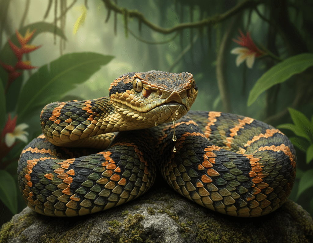 A close-up illustration of a venomous snake coiled on a rock, emphasizing the intricate patterns of its scales and the glistening fangs, poised to strike. The foreground features the snake in sharp detail, capturing its vibrant colors, with drops of venom forming at the tips of its fangs. In the middle ground, a blurred depiction of a lush jungle background teems with flora, subtly hinting at the snake's habitat. Soft, dappled sunlight filters through the leaves, casting shadows that create an atmosphere of tension and danger. The image should evoke curiosity and caution, showcasing the duality of the snake's beauty and its lethal potential. Use a macro lens effect to enhance the details, ensuring the focus remains on the snake's features.