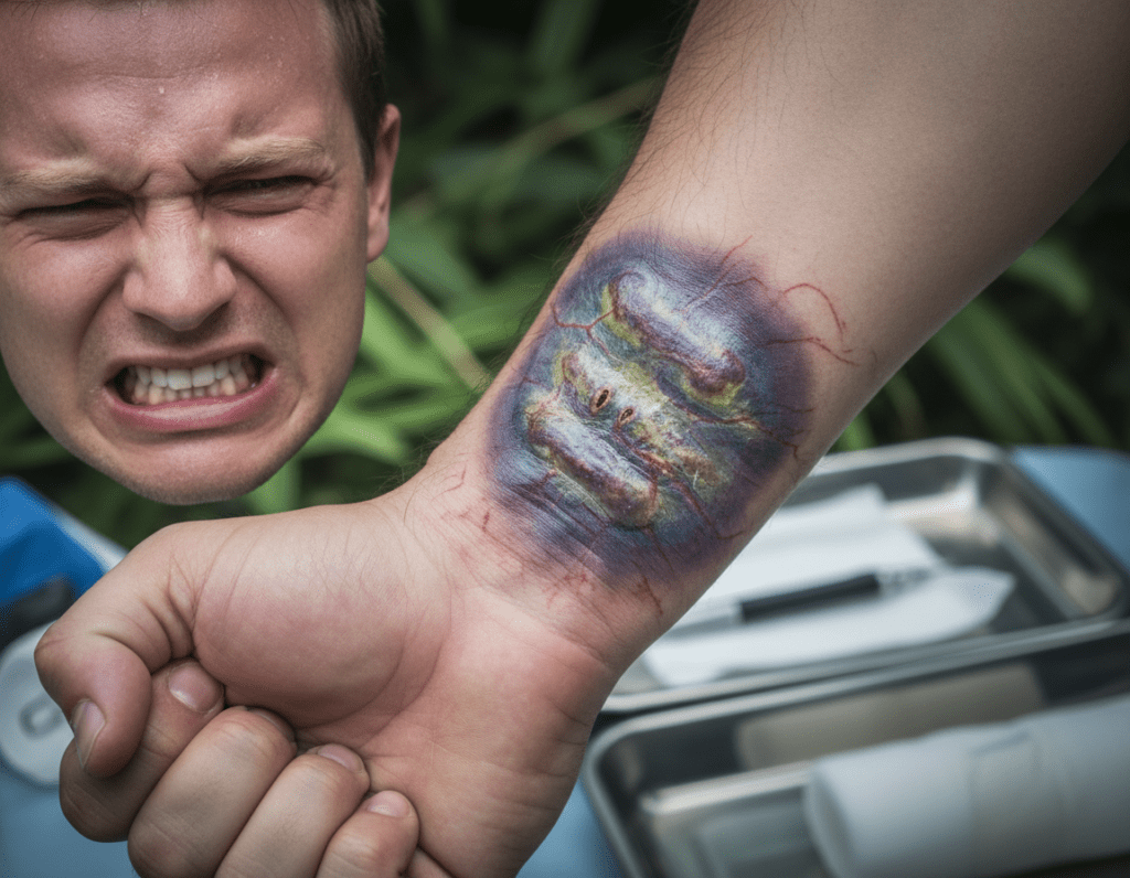A close-up of a person's forearm showing a snakebite wound, with visible swelling and discoloration around the bite marks to reflect intense pain and discomfort. The skin should be depicted with realistic textures, capturing the nuance of injury and reaction. The individual's face, partially shown in the foreground, expresses anguish, showcasing the impact of the pain through furrowed brows and clenched teeth. Soft, dramatic lighting emphasizes the wound, casting subtle shadows that enhance the severity of the scene. In the background, slightly blurred, hints of a medical environment or nature, indicating urgency, enrich the context. The overall mood is tense and serious, effectively illustrating the sensations associated with a snakebite.