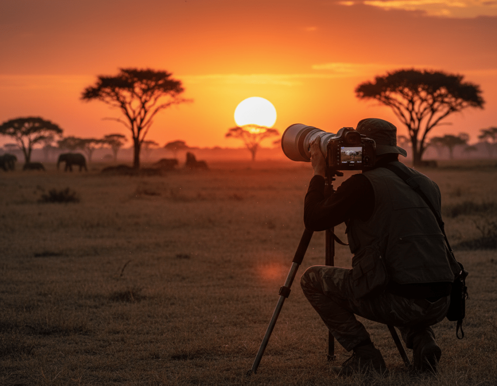 A close-up shot of a wildlife photography setup in an African landscape, featuring a professional camera with a long telephoto lens mounted on a sturdy tripod. In the foreground, focus on the camera’s settings display, highlighting aperture, ISO, and shutter speed adjustments. In the middle ground, capture a silhouette of a photographer crouched low, peering through the viewfinder, dressed in practical outdoor attire. The background showcases a stunning African sunset with acacia trees, and silhouettes of distant wildlife such as elephants or lions, adding depth to the image. The scene is bathed in warm golden light, creating a serene and exhilarating atmosphere that embodies the essence of wildlife photography in Africa.