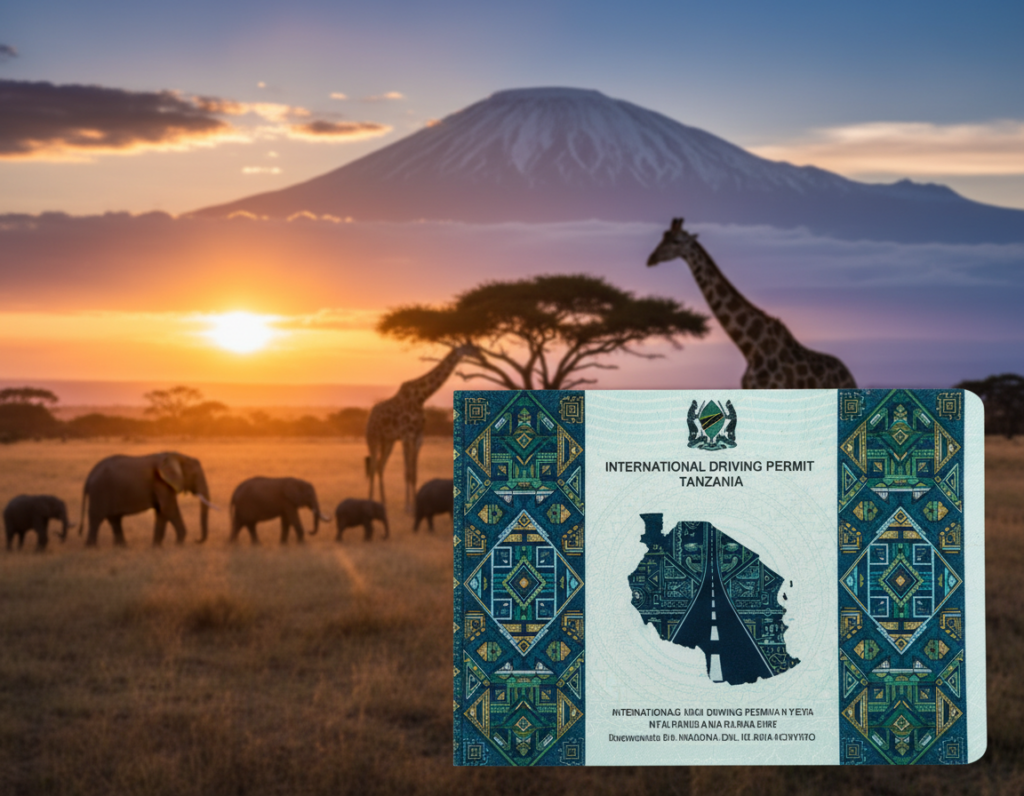 A close-up view of an International Driving Permit for Tanzania, displayed prominently in the foreground. The document features intricate designs typical of Tanzanian permits, including national symbols and field elements like a road map silhouette. In the middle ground, a blurred image of a vibrant safari landscape appears, showcasing iconic wildlife such as elephants and giraffes against a golden sunset, symbolizing adventure. The background features the outline of Mount Kilimanjaro under a clear blue sky, portraying the essence of Tanzania. Soft, natural lighting enhances the warm colors of the scenery, creating an inviting and adventurous atmosphere. The angle is slightly overhead, emphasizing the document while encapsulating the beauty of Tanzania’s landscapes, set within a professional and informative context.