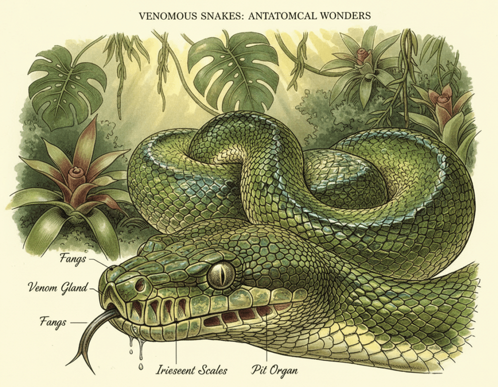 A detailed anatomical illustration of venomous snakes, showcasing their unique features such as fangs, scales, and distinctive color patterns. In the foreground, display a close-up view of a snake's head, emphasizing its fangs and sensory organs. The middle ground should feature a partially coiled snake, highlighting its muscular structure and iridescent scales that shimmer with shades of green and brown. In the background, include a natural habitat scene with exotic foliage and a soft, diffused light filtering through leaves, creating a serene atmosphere. Use a macro lens perspective to capture intricate details against a slightly blurred backdrop, evoking a sense of wonder and scientific curiosity. The mood should be educational and captivating, inviting viewers to learn more about the anatomy of these fascinating creatures.