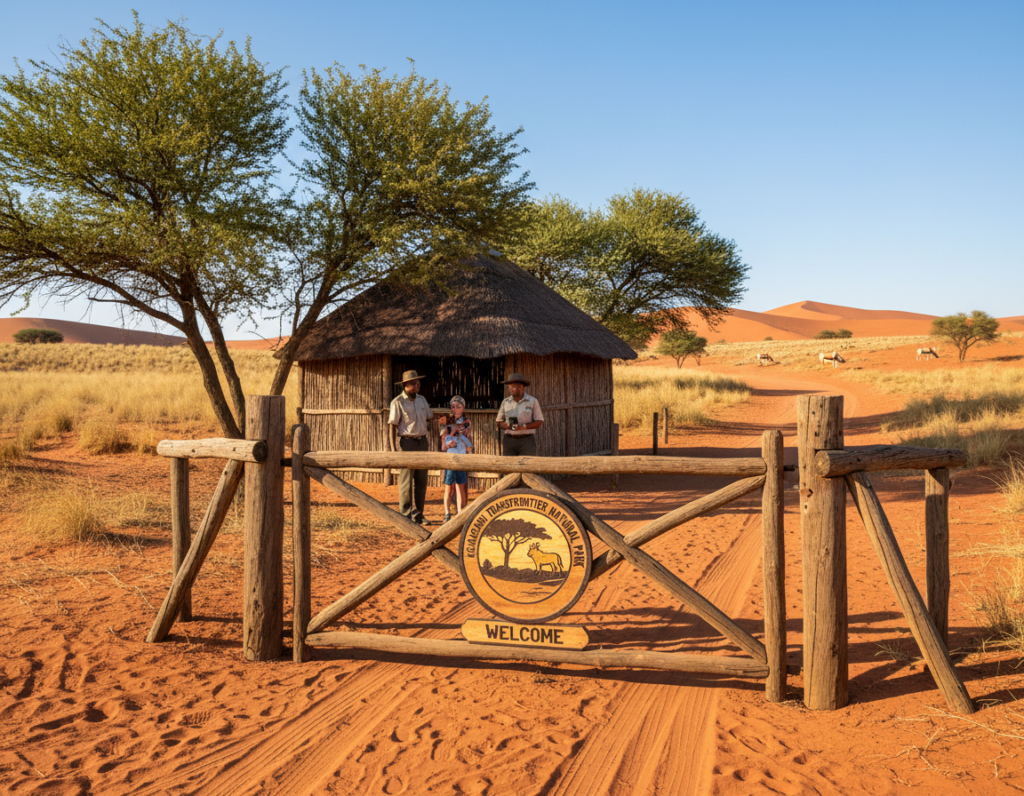 A detailed and inviting scene illustrating the entrance to Kgalagadi Transfrontier National Park, showcasing the unique landscape of red sand dunes and sparse vegetation typical of the Kalahari Desert. In the foreground, a wooden entrance gate adorned with rustic signage, featuring the park's emblem, greets visitors. The middle ground reveals a small kiosk with friendly staff in professional attire ready to assist tourists with entrance fees. Lush acacia trees provide shade, while a clear blue sky above bathes the scene in warm sunlight, creating a welcoming atmosphere. The background features sweeping dunes and distant wildlife, capturing the park's natural beauty. Use a slightly low angle to evoke a sense of grandeur, highlighting the impressive landscape. The overall mood should be inviting and adventurous, perfect for drawing in potential visitors.