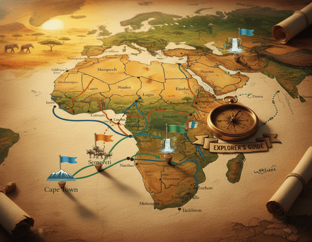 A detailed, artistic map of Africa showcasing various travel routes, both classic and alternative. In the foreground, highlight specific destinations like Cape Town, Serengeti, and Victoria Falls, illustrated with colorful pins or icons. In the middle ground, depict winding lines representing travel paths, connecting major cities and landmarks across the continent, with an explorer's compass for orientation. The background should feature a scenic blend of diverse landscapes—from savannas and deserts to lush jungles and mountains—bathed in warm, golden sunset lighting, creating an inviting atmosphere. Use a slightly elevated angle to present a bird's-eye view that offers clarity and depth. The mood should feel adventurous and inspiring, highlighting the beauty and diversity of African travel.