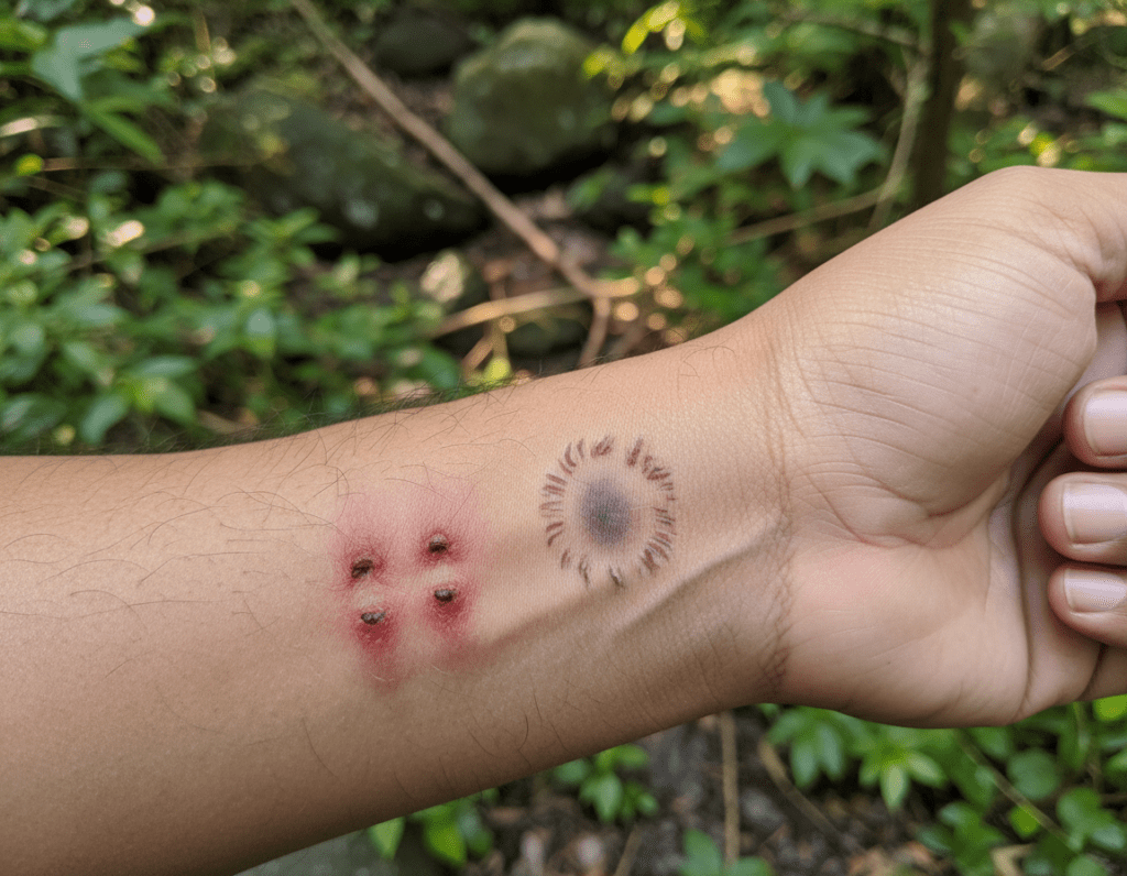 A detailed close-up of various snake bite patterns on human skin, showcasing distinct types associated with specific snake species. In the foreground, a hand with natural skin tone is positioned to reveal two prominent bite marks: one resembling a pit viper pattern, with clear fang impressions, and another showing the circular marks of a constrictor. The middle ground features a soft-focus background of natural elements like leaves and rocks, creating an outdoor setting. Warm, diffused lighting enhances the textures of the skin and highlights the redness around the bites, conveying a sense of urgency and awareness. The composition should be shot at a slight downward angle, inviting viewers to closely examine the features while maintaining a clinical and informative mood without any text or distractions.
