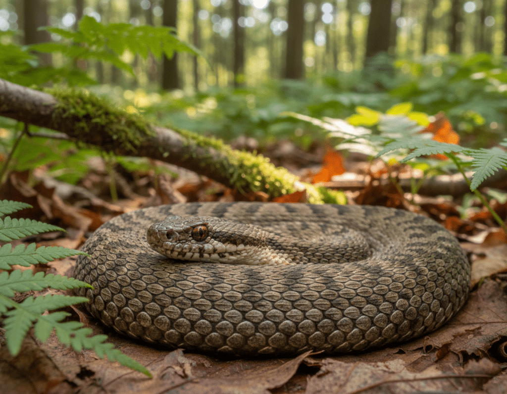 A detailed, close-up portrait of a Kreuzotter, also known as the European adder, positioned in a lush, green European forest environment. The snake should be coiled comfortably on a bed of fallen leaves, showcasing its distinctive zigzag pattern along its back, striking amber eyes glistening in the dappled sunlight filtering through the canopy above. The foreground highlights the texture of the snake's scales with finely detailed clarity, while the middle ground features ferns and underbrush typical to its habitat, creating a natural setting. The background fades into blurred trees, giving depth to the image and emphasizing the snake's environment. The overall mood should evoke a sense of quiet mystery and respect for nature, with soft, diffused lighting enhancing the scene's tranquil beauty.