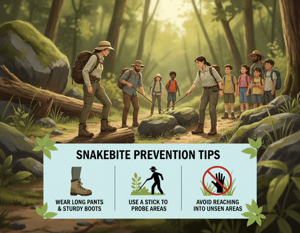 A detailed educational illustration focusing on "snakebite prevention tips." In the foreground, display a well-organized infographic showcasing safety measures, such as wearing long pants, sturdy boots, and using a stick to probe areas before stepping. In the middle ground, depict a serene outdoor environment, like a forest or hiking trail, where people are engaging in safe outdoor practices. Add a professional individual dressed in modest casual clothing demonstrating how to avoid snake habitats. In the background, illustrate a blurred, natural landscape with lush greenery and rocks, suggesting a habitat where snakes might dwell. The lighting should be natural, resembling a bright yet gentle daylight, creating a calm and informative atmosphere.