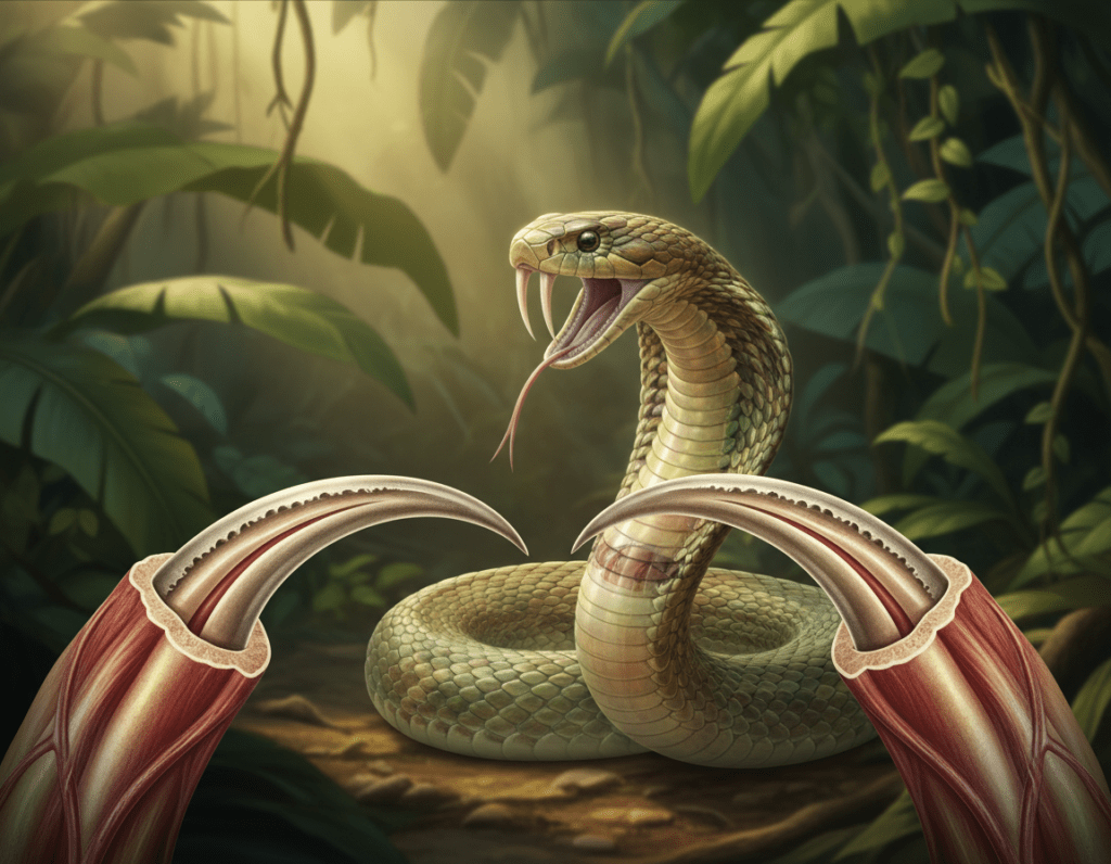 A detailed illustration focusing on the anatomical features of venomous snake fangs, prominently displayed in the foreground. The fangs should be depicted in close-up, showcasing their unique structures and sharpness, with intricate details highlighting the grooves and venom delivery systems. In the middle ground, include a semi-transparent overlay of a venomous snake species, such as a viper or cobra, coiled in a natural pose, revealing the fangs in a realistic orientation. The background should consist of a lush, softly blurred jungle environment that hints at the snake's natural habitat, with dappled sunlight filtering through leaves, creating a vibrant yet serene atmosphere. Use a macro lens effect to emphasize clarity and detail, enhancing the educational tone of the image without any text or graphical distractions.