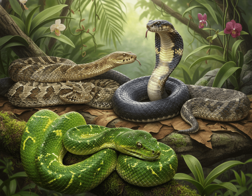 A detailed illustration of various venomous snake families from around the world, prominently featuring species like the cobra, rattlesnake, and viper in a natural habitat setting. In the foreground, depict a coiled emerald tree boa and a striking black mamba, showcasing their vibrant scales and distinctive features. The middle ground should include various snake species arranged dynamically, emphasizing their unique adaptations, while subtly fading into a lush, green tropical habitat filled with foliage in the background. Use soft, natural lighting to create a harmonious and inviting atmosphere, highlighting the textures of the snakes' skins. A macro lens perspective should capture intricate details, fostering a sense of wonder and respect for these fascinating creatures, with an overall mood that conveys intrigue and educational value.