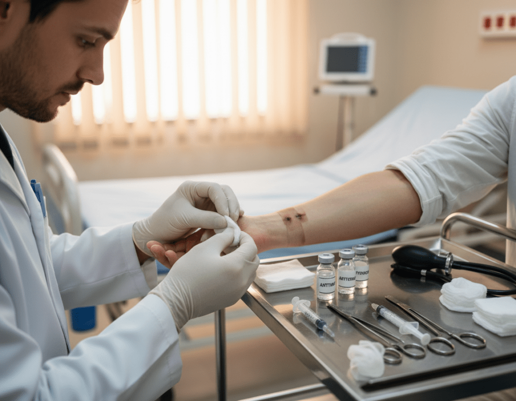 A detailed medical scene showing the treatment of a snakebite. In the foreground, a close-up of a medical professional, wearing gloves and a lab coat, carefully examining a patient's arm with a visible snakebite. The skin is swollen, and the bite marks are evident. In the middle ground, a sterile medical setup with vials of antivenom, syringes, and medical equipment arranged on a clean table. The background features a softly blurred hospital room, with warm, diffused lighting creating a calm atmosphere. The focus should convey urgency yet professionalism, with a slight depth of field to emphasize the foreground action. The mood is serious and informative, showcasing the critical nature of snakebite treatment without any distractions or text elements.