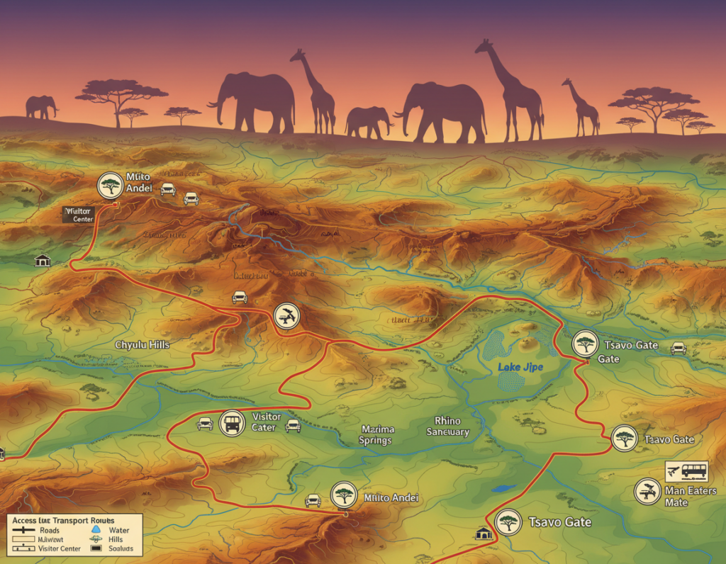 A detailed topographic map of Tsavo West National Park in Kenya, showcasing its unique geographical features. In the foreground, include marked routes and transportation options leading into the park, with symbols indicating entrances and visitor centers. The middle ground should illustrate the diverse landscapes such as savannahs, hills, and water bodies, with vivid green and ochre tones to depict vegetation and terrain. In the background, include iconic silhouettes of wildlife such as elephants and giraffes grazing against a sunset sky that casts warm orange and purple hues. The image should be bright and clear, with a slightly elevated perspective to provide an expansive view, inviting and informative, ideal for a travel guide context.