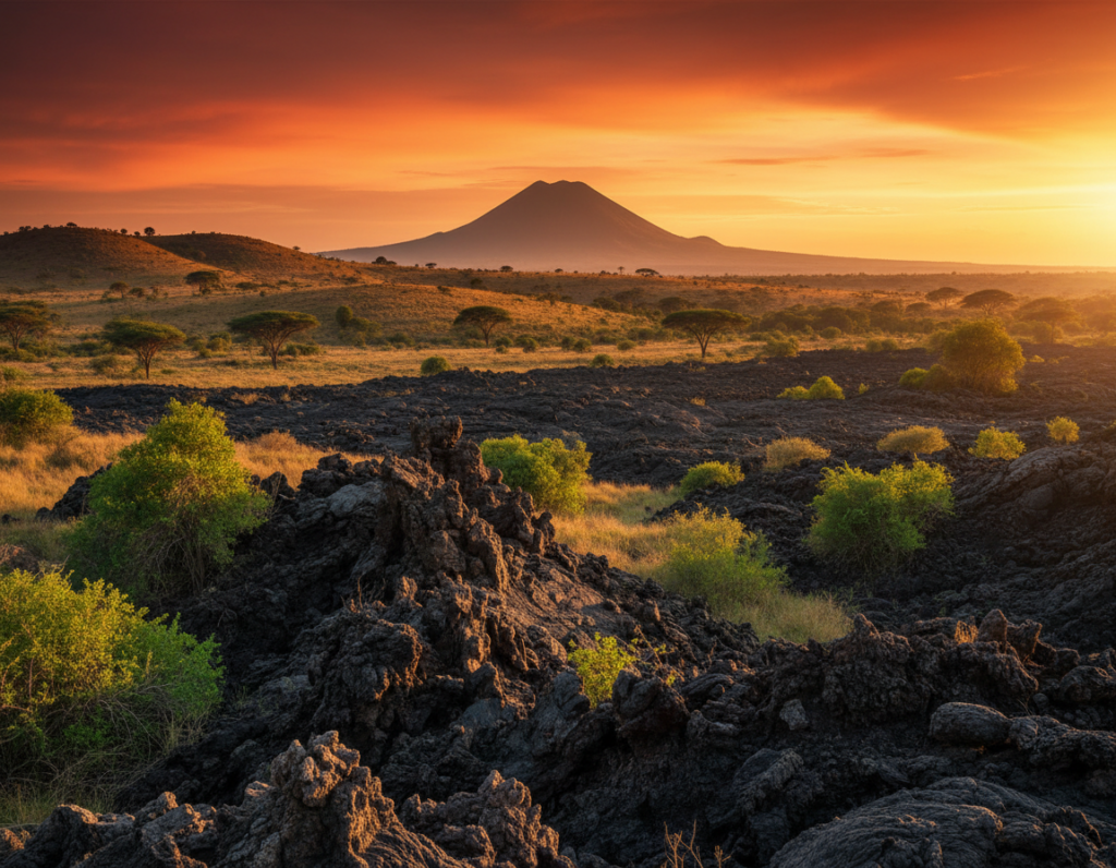 A dramatic volcanic landscape in Tsavo West National Park, Kenya, showcasing unique geological features. In the foreground, rugged black rocks and hardened lava flow contrast with vibrant green vegetation. The middle ground reveals rolling hills with patches of scrub and acacia trees, while the background features an expansive view of a distant volcanic mountain silhouetted against a brilliant sunset sky. Warm golden light bathes the scene, casting soft shadows and enhancing the textures of the landscape. Capture the atmosphere of tranquility and untamed beauty, emphasizing the rich earth tones and the starkness of the volcanic terrain. The perspective should be wide-angle, creating a sense of depth and inviting the viewer into the vast wilderness.