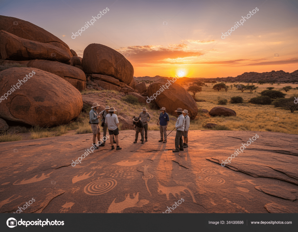 A guided tour at Twyfelfontein, Namibia's World Heritage site. In the foreground, a small group of tourists, dressed in comfortable, modest clothing, attentively observes ancient rock engravings depicting wildlife and geometric patterns. In the middle ground, impressive boulder formations rise, showcasing the unique geological structure of the landscape. The background features a vast, arid desert landscape, enveloped in warm golden light from a setting sun, casting long shadows and creating a serene atmosphere. The sky transitions to vibrant hues of orange and purple, enhancing the sense of exploration and history. The angle captures the depth of the rock art and the majesty of the site, inviting the viewer into this UNESCO treasure.