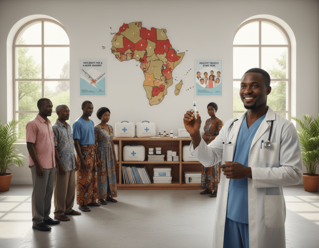A health professional in a clean, well-lit clinic setting in Africa, equipped with medical supplies and vaccination posters. The foreground features a well-dressed male doctor demonstrating a vaccine syringe, smiling warmly and engaging with a diverse group of patients, dressed in modest, casual attire. The middle ground showcases a large map of Africa on the wall with highlighted vaccination hotspots, while shelves filled with medical kits and brochures add detail. The background reveals windows allowing natural light to flow in, creating an inviting and calm atmosphere. The overall mood is professional yet friendly, emphasizing the importance of health care and vaccinations in travel planning.
