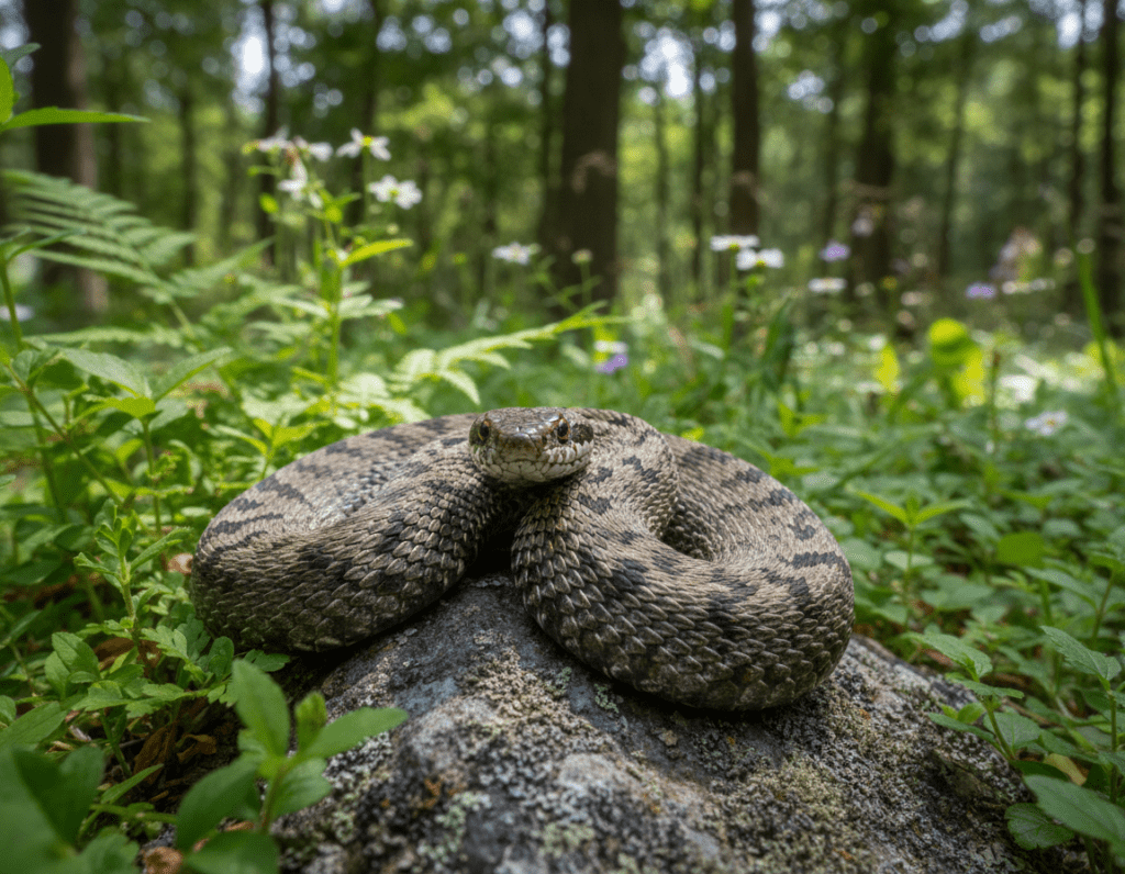 A highly detailed, close-up image of a Kreuzotter (Vipera berus) coiled in a natural setting in Germany. In the foreground, showcase the snake with its distinctive zigzag pattern on a textured, mossy rock, highlighting the scales with intricate detail. The middle ground should feature lush green underbrush and subtle wildflowers to create a sense of environment, while soft, dappled sunlight filters through the leaves, casting gentle shadows. In the background, include blurred trees to provide depth without distracting from the main subject. The overall mood should convey a sense of caution and beauty, illustrating the dangerous nature of this venomous snake, perfect for raising awareness of snake bites.