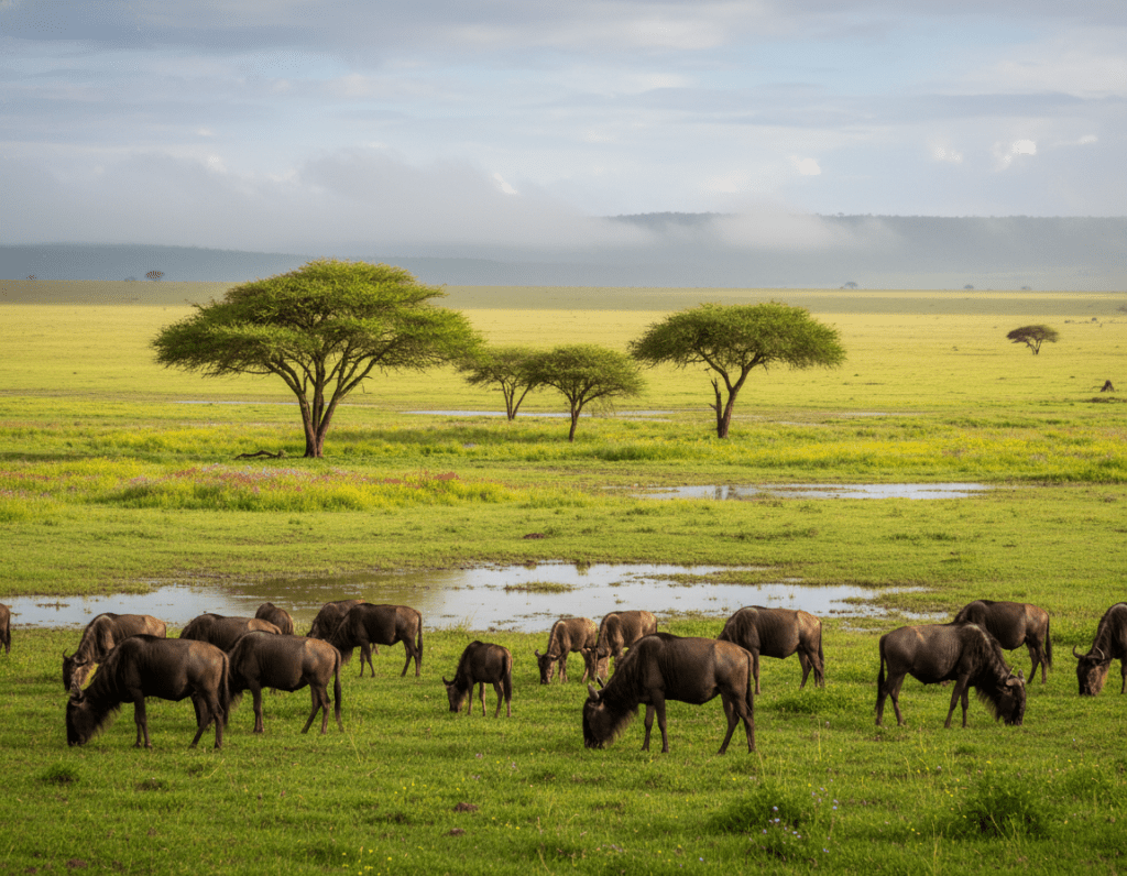 A lush, green Serengeti landscape during the rainy season, showcasing vibrant grasslands dotted with rain-fed puddles. In the foreground, a herd of wildebeest grazes peacefully, their glossy coats glistening under soft, diffused sunlight filtering through light clouds. The middle ground features acacia trees with fresh green leaves, surrounded by blooming wildflowers that add splashes of color. In the background, distant rolling hills fade into a tranquil sky, displaying shades of gray and blue, hinting at the ongoing rain, yet illuminated by occasional golden rays of sunlight. The atmosphere is serene and refreshing, embodying a sense of renewal and vibrancy typical of the Serengeti during the April to May rains. The scene is captured from a slightly elevated angle with a shallow depth of field, emphasizing the foreground fauna while creating a sense of depth in the landscape.
