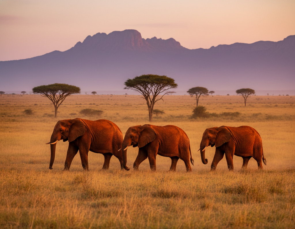A majestic scene featuring the legendary red elephants of Tsavo, set in the vast expanses of Tsavo West National Park, Kenya. In the foreground, a group of three red elephants roam gracefully across the sun-drenched savannah, their unique ochre-hued skin dusted with red soil, showcasing their iconic appearance. In the middle ground, sparse acacia trees dot the landscape, casting gentle shadows in the late afternoon light, while vibrant grasslands stretch out, evoking the feeling of a serene wilderness. The background features distant mountain ranges silhouetted against a stunning sunset, painting the sky in warm hues of orange and pink. The image should convey a sense of tranquility and awe, capturing the essence of this remarkable habitat. Use natural lighting to enhance the warm tones and richness of the scene.