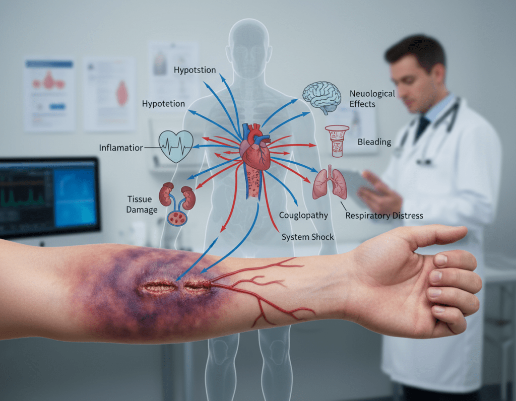 A medical illustration that depicts systemic reactions of the human body to snake venom. In the foreground, a close-up of a human arm with a snake bite, showcasing redness, swelling, and bruising around the area. The middle ground includes a diagrammatic representation of the body's physiological reactions, like inflammation and changes in blood pressure, illustrated with arrows and labels in a scientific style. The background portrays a blurred medical setting, including charts and a healthcare professional in a lab coat observing the situation. The lighting is soft yet clear, resembling a clinical environment, with a slight focus on the arm while maintaining visibility of the surrounding elements. The mood is serious and informative, emphasizing the importance of understanding snakebite reactions.